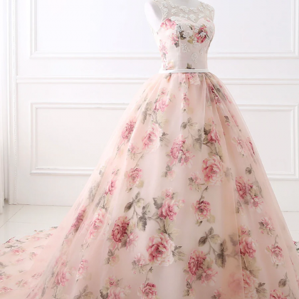 Pink Floral Pattern Lace Long Prom Dress, A-line..