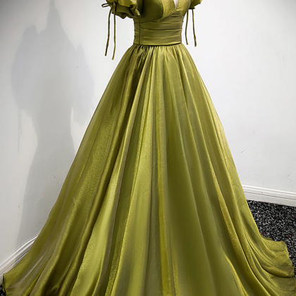 Green V-neck Long Prom Dresses, A-line Evening..