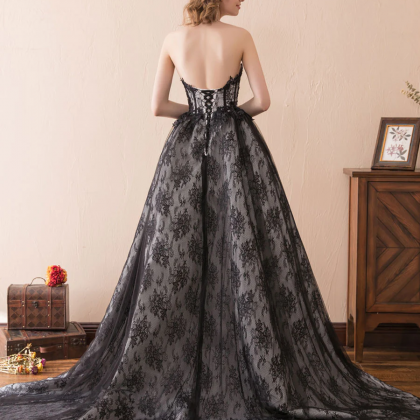 Black A Line Tulle Lace Long Prom Dress, Black..