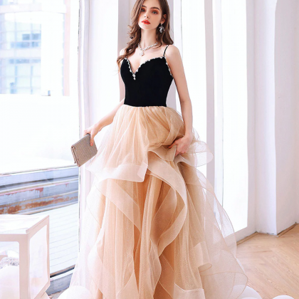 Champagne Sweetheart Neck Long Prom Dress,..