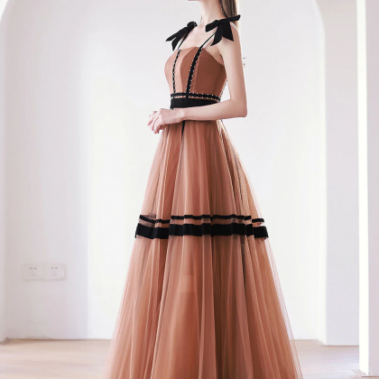 Elegant Caramel Color Tulle Long Prom Dress, Tulle..