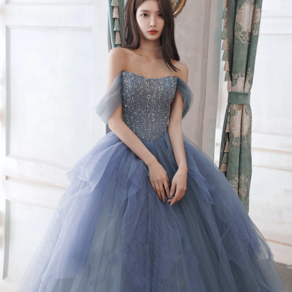 Ethereal Blue Off-shoulder Tulle Gown With Beaded..