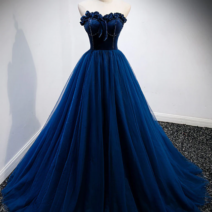 Blue Sweetheart Neck Tulle Long Prom Dress, Blue..