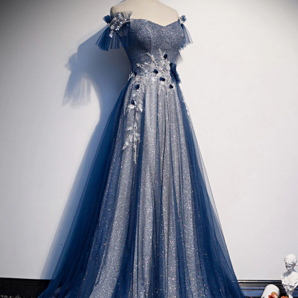Blue Tulle Lace Long Prom Dress, Blue Tulle Lace..