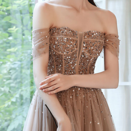 Champagne Tulle Sequin Beads Long Prom Dress..