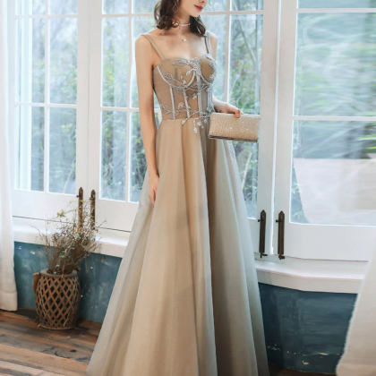 Champagne Sweetheart Tulle Long Prom Dress Tulle..