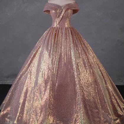 Charming Rose Gold Sequins Long Party Dress, Off..