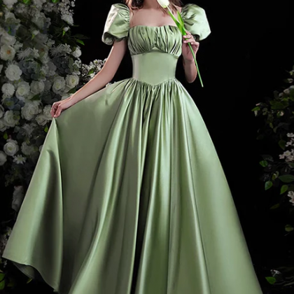 A-line Satin Green Short Sleeves Beaded Party..