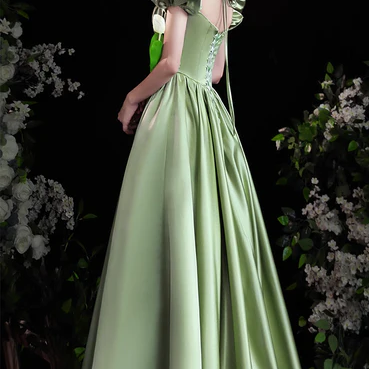 A-line Satin Green Short Sleeves Beaded Party..