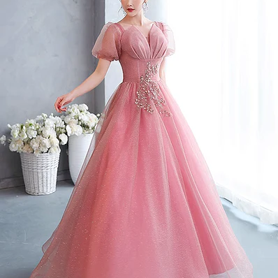Pink Short Sleeves Beaded Tulle Long Formal Dress,..