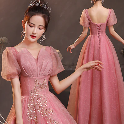 Pink Short Sleeves Beaded Tulle Long Formal Dress,..