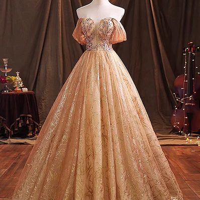 Gold Tulle With Beaded Long Sweet 16 Dress, Ball..