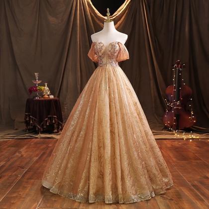 Gold Tulle With Beaded Long Sweet 16 Dress, Ball..