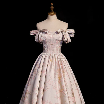 Pink Statin Off Shoulder Floral Long Party Dress,..
