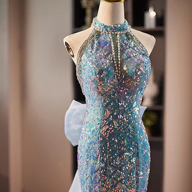 Blue Mermaid Sequins Halter Long Party Dress With..