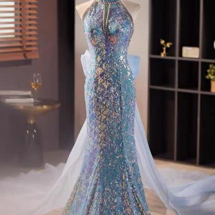 Blue Mermaid Sequins Halter Long Party Dress With..