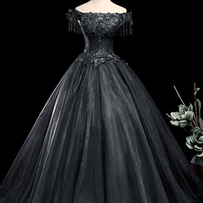 Black Tulle Off Shoulder With Lace Applique Party..