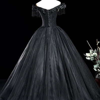 Black Tulle Off Shoulder With Lace Applique Party..