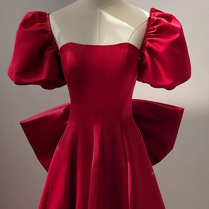 Wine Red Short Sleeves Satin A-line Party Dress,..