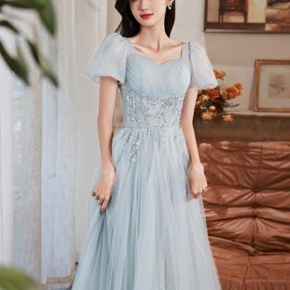 Light Blue Short Sleeves Beaded Tulle Long Party..