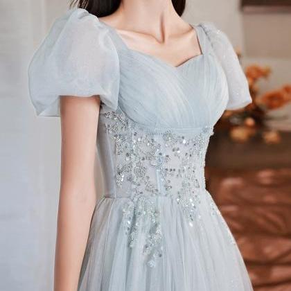 Light Blue Short Sleeves Beaded Tulle Long Party..