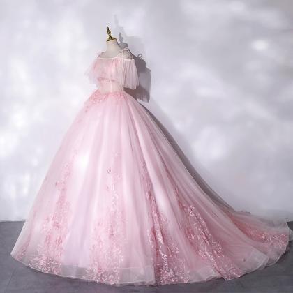 Pink Long Tulle With Lace Applique Ball Gown Sweet..