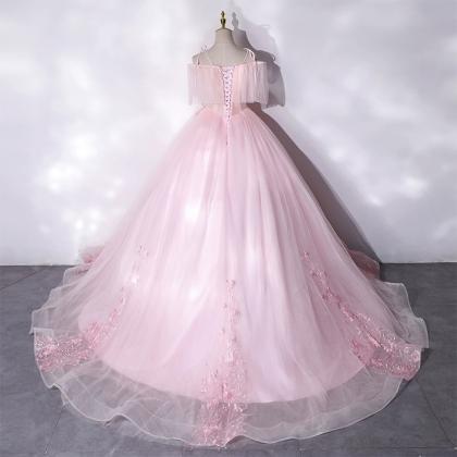 Pink Long Tulle With Lace Applique Ball Gown Sweet..