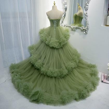 Green Tulle Layers Straps Sweetheart Long Evening..