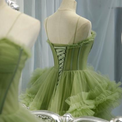 Green Tulle Layers Straps Sweetheart Long Evening..