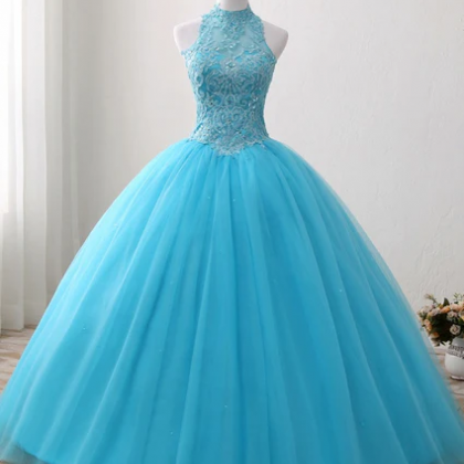 Teal Blue Tulle Beaded Ball Gown High Neckline..