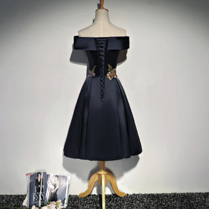 Navy Blue Satin Short Party Dress With Embroidery,..