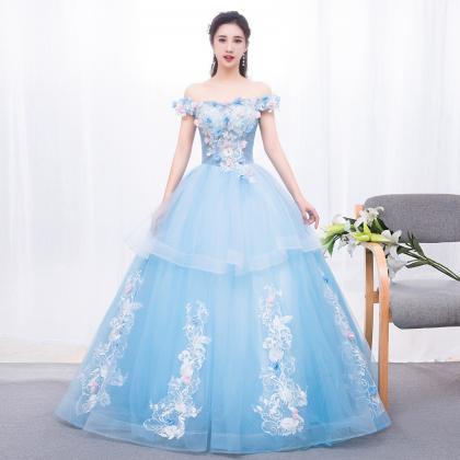 Glam Blue Ball Gown Tulle With Lace And Flowers..