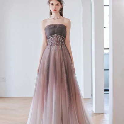 Charming Gradient A-line Pink Beaded Long Evening..