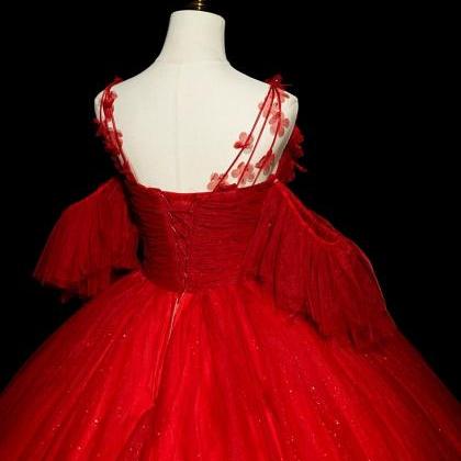 Gorgeous Red Tulle Ball Gown Off Shoulder Sweet 16 Dress, Red Long Formal Dress