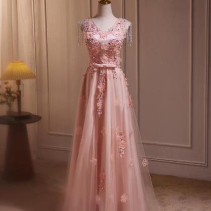 Pink V-neckline Tulle Beaded With Lace Applique..