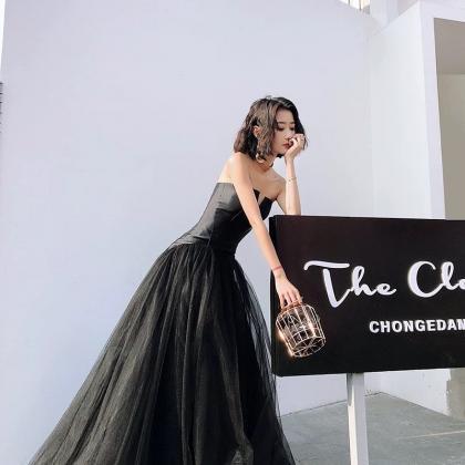 Black Evening Gown, Tulle Long Prom..