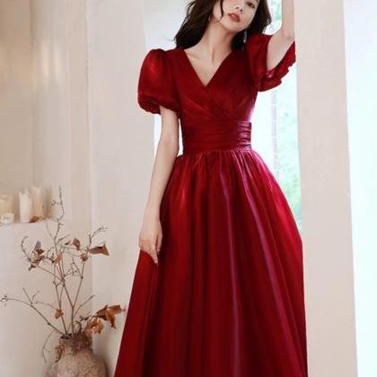 Red Evening Gown, Sweet Homecoming Dress,v-neck..