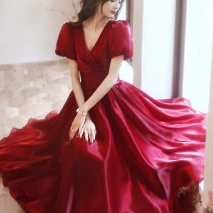 Red Evening Gown, Sweet Homecoming Dress,v-neck..