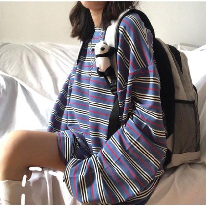 Baggy Striped Tops, Long Sleeved T-shirts, Casual..
