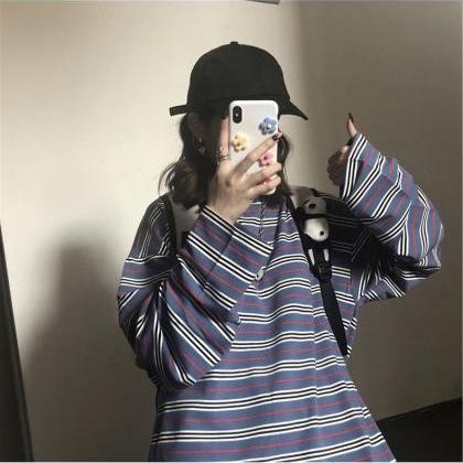 Baggy Striped Tops, Long Sleeved T-shirts, Casual..