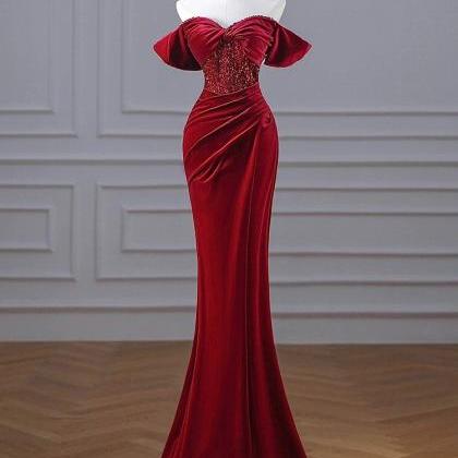 Red Velvet Off Shoulder Prom Dress, Luxury..
