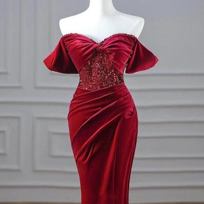 Red Velvet Off Shoulder Prom Dress, Luxury..