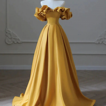 Gold Satin Off Shoulder Long Simple Party Prom..