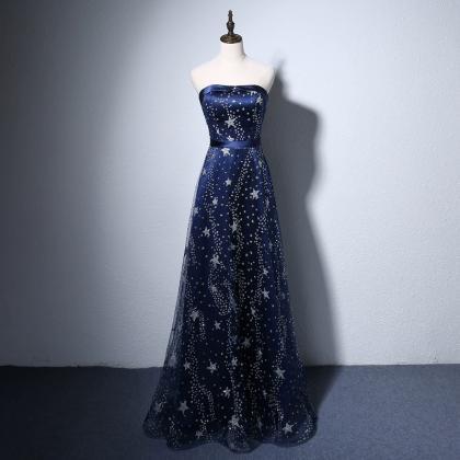 Strapless Star Glitter Prom Dress, Navy Blue Party..