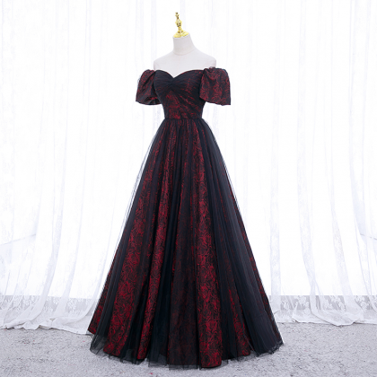Black And Red Short Sleeves Lace Party Dress,..