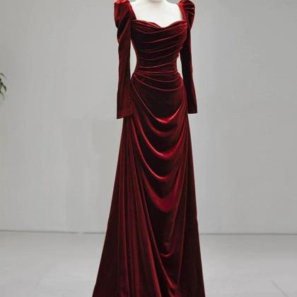 Elegant Wine Red Velvet Long Sleeves Formal Dress,..