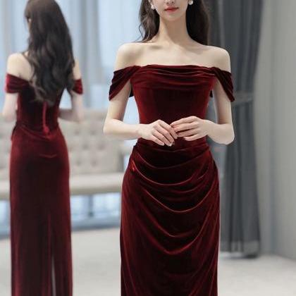 Off Shoulder Prom Dress, Red Evening Dress,velvet..