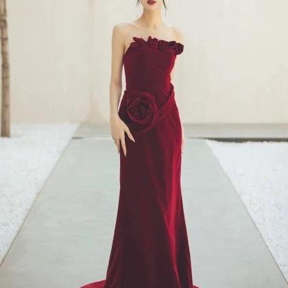 Elegant Wine Red Velvet Bodycon Dress,chic Floral..