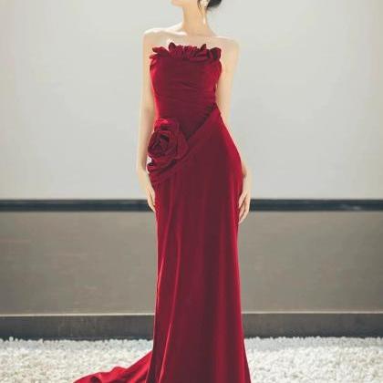 Elegant Wine Red Velvet Bodycon Dress,chic Floral..