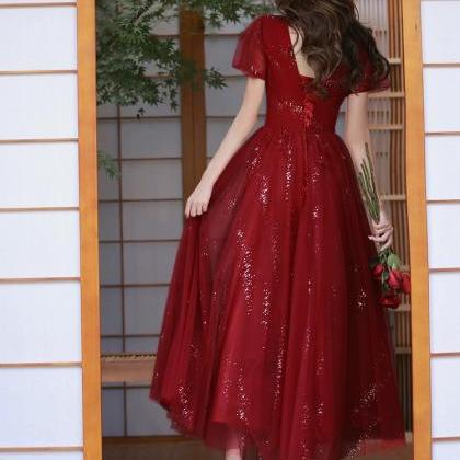 V-neck Prom Gowns, Red Party Dresses,sweet Evening..